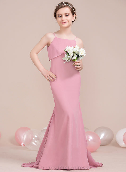 Chiffon Junior Bridesmaid Dresses Neckline Cascading Sabrina Ruffles Train Square Sweep Trumpet/Mermaid With