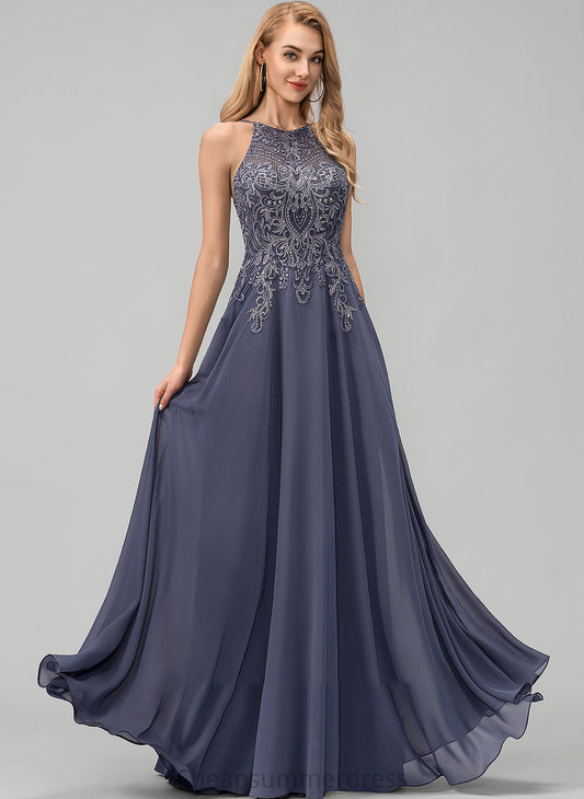 Prom Dresses With Sequins Eva Chiffon A-Line Neck Floor-Length Scoop Lace