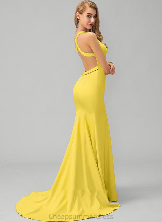 Crepe V-neck Train Kaylah Stretch Trumpet/Mermaid Prom Dresses Sweep