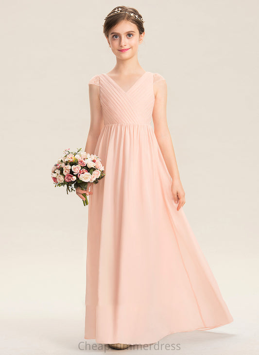 V-neck Chiffon A-Line Lace Isabelle Junior Bridesmaid Dresses Ruffle With Floor-Length