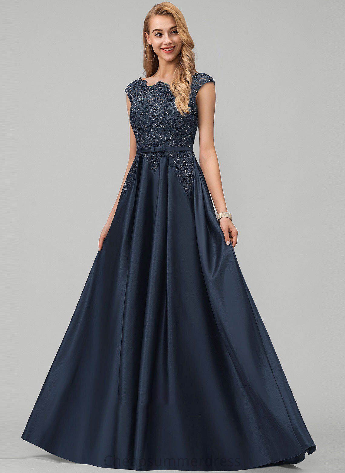 Pockets Ball-Gown/Princess With Scoop Prom Dresses Floor-Length Neck Theresa Bow(s) Lace Sequins Satin Beading