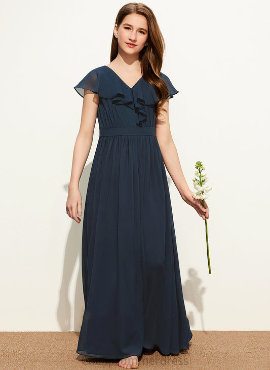 Floor-Length Cascading Bow(s) Chiffon Ruffles With Greta Junior Bridesmaid Dresses A-Line V-neck