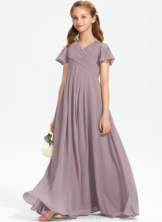 Ruffle A-Line V-neck Chiffon With Floor-Length Junior Bridesmaid Dresses Lorena