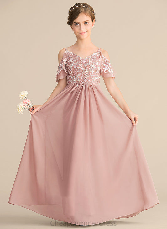 Chiffon Finley Floor-Length V-neck A-Line Junior Bridesmaid Dresses Lace