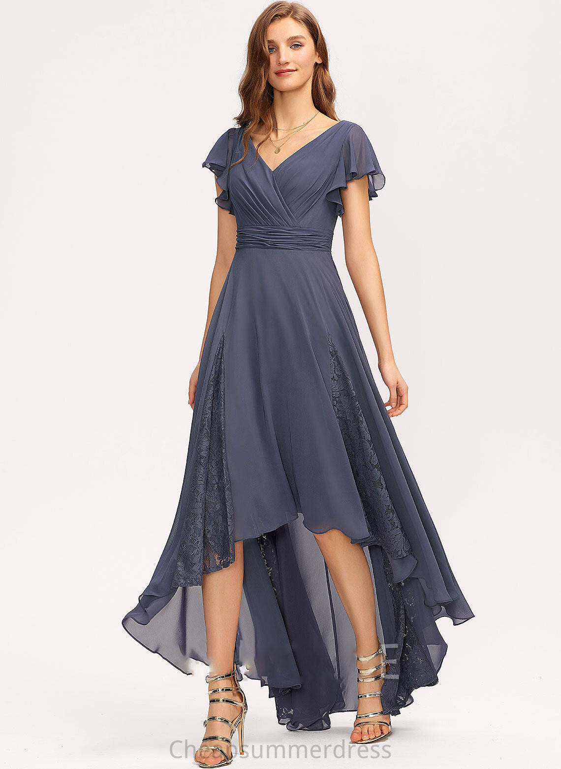 Lace Silhouette Asymmetrical Fabric V-neck A-Line Length Ruffle Embellishment Neckline Selah Spaghetti Staps