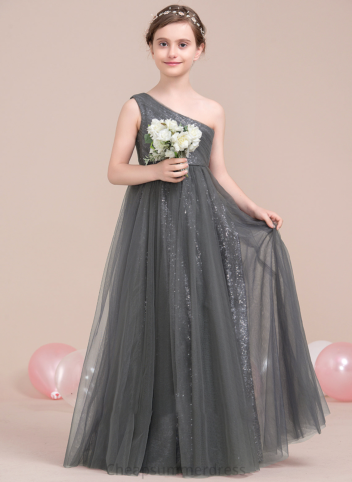 Floor-Length Ruffle Sequined With One-Shoulder Alma A-Line Junior Bridesmaid Dresses Tulle