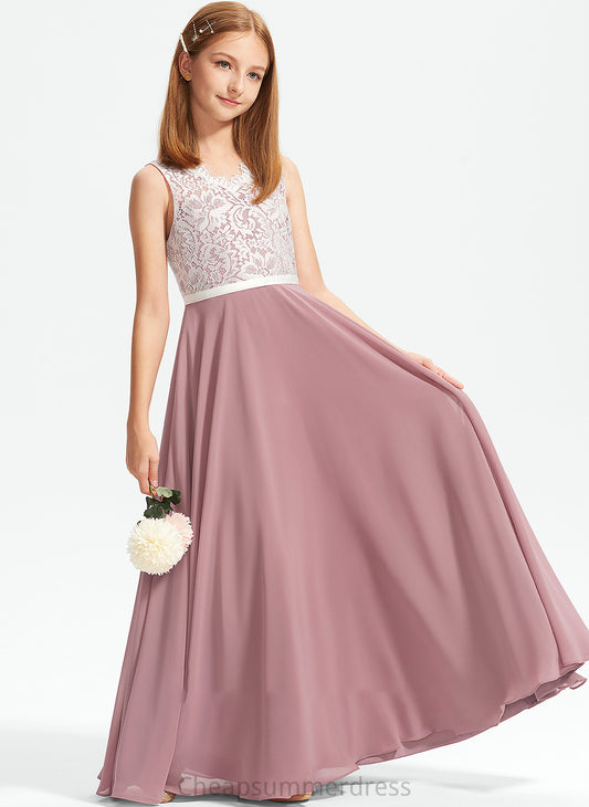 A-Line Chiffon V-neck Lace Floor-Length Fatima Junior Bridesmaid Dresses