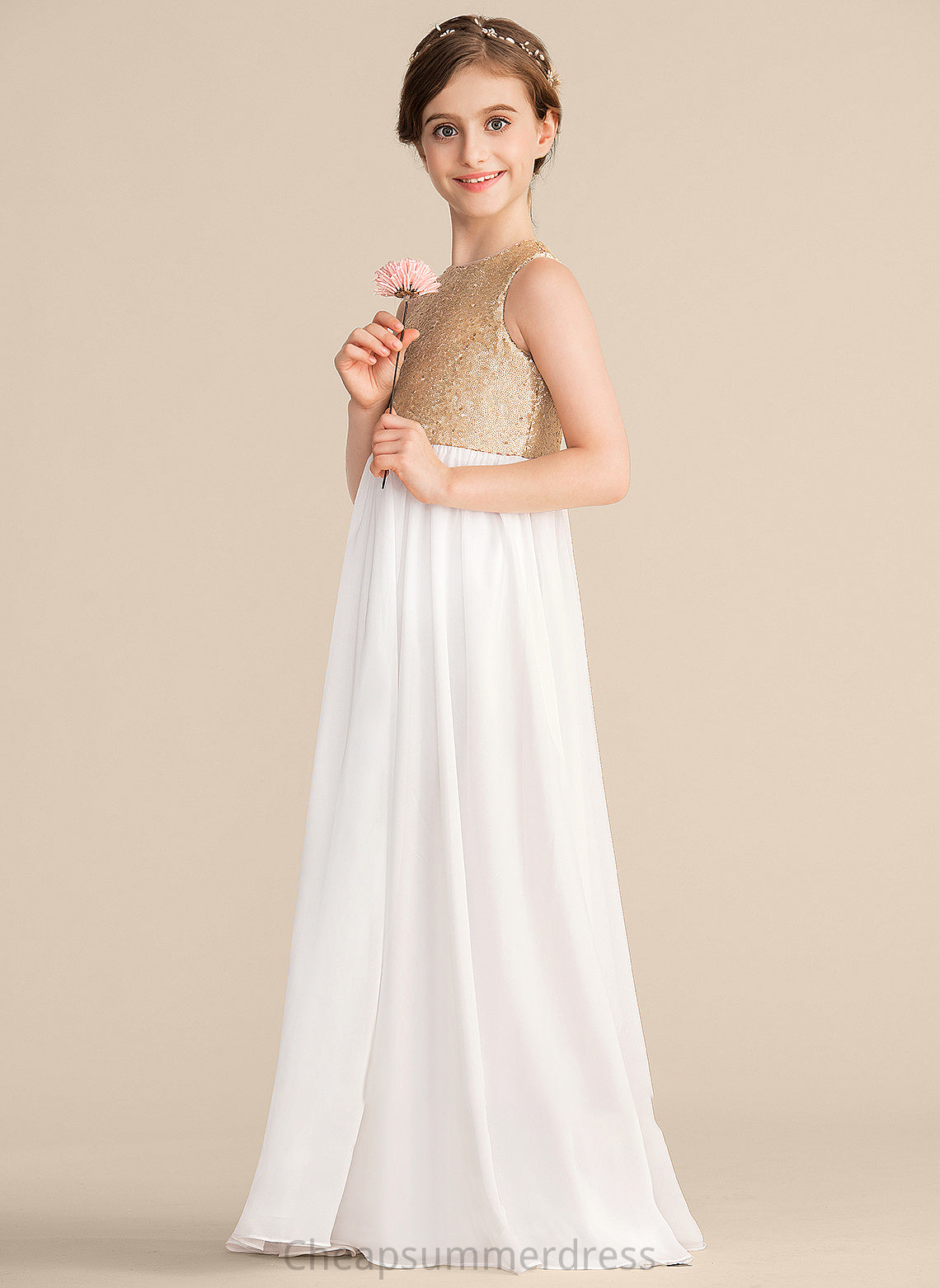 Junior Bridesmaid Dresses Chiffon Scoop Sanai Neck Sequined A-Line Floor-Length