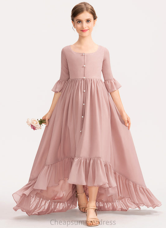 With Chiffon Ruffles A-Line Bow(s) Asymmetrical Phoebe Junior Bridesmaid Dresses Scoop Neck Cascading