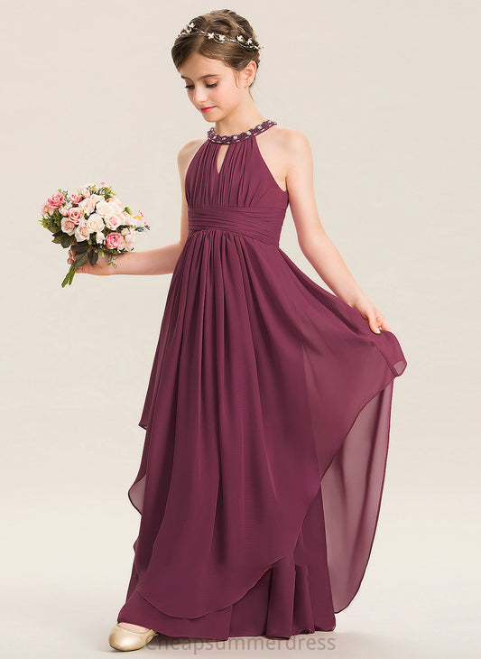 Ruffle Lainey With Chiffon Neck Scoop A-Line Floor-Length Junior Bridesmaid Dresses Beading