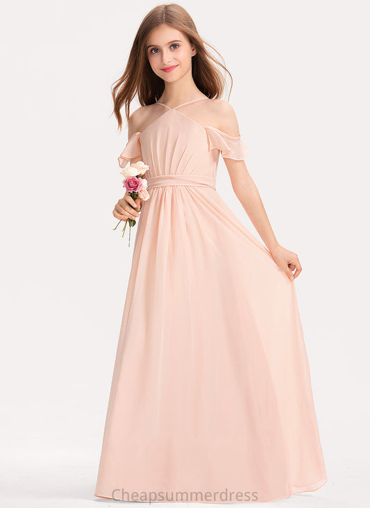 A-Line Imani Bow(s) Floor-Length With Ruffle Chiffon V-neck Junior Bridesmaid Dresses