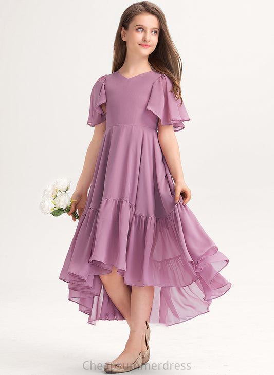 V-neck With Briley Chiffon A-Line Asymmetrical Cascading Ruffles Junior Bridesmaid Dresses