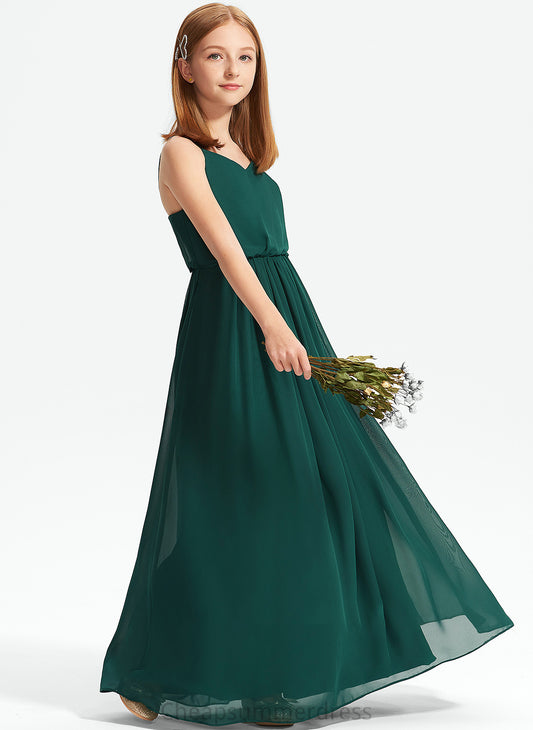 Floor-Length With Chiffon V-neck Ruffle A-Line Elvira Junior Bridesmaid Dresses