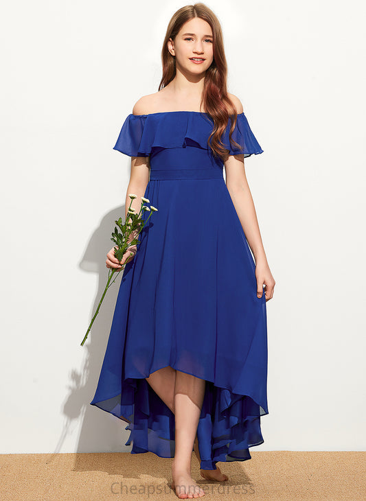 With Ruffles Off-the-Shoulder Mary Cascading Asymmetrical Junior Bridesmaid Dresses A-Line Chiffon