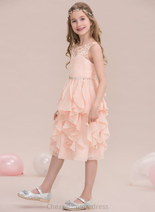 Evangeline With Scoop Knee-Length Cascading A-Line Sequins Neck Ruffles Beading Junior Bridesmaid Dresses Chiffon