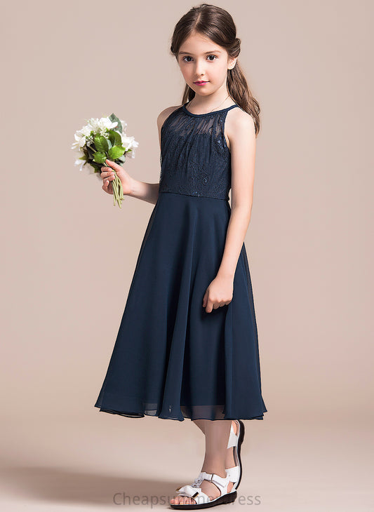 A-Line Chiffon With Tea-Length Lace Junior Bridesmaid Dresses Neck Ruffle Dominique Scoop