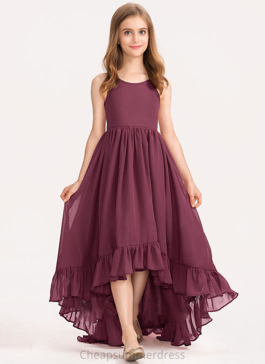 Cascading Ruffles Jimena A-Line Neck With Scoop Chiffon Asymmetrical Bow(s) Junior Bridesmaid Dresses