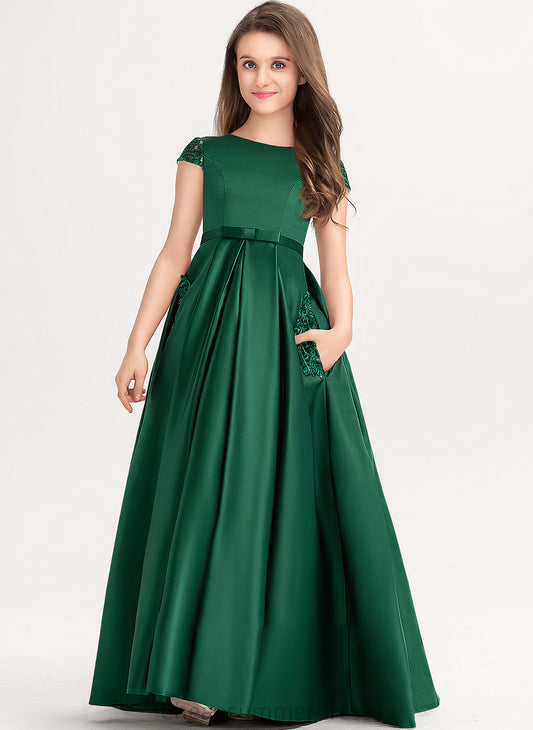 Scoop Junior Bridesmaid Dresses Floor-Length With Neck Lace Satin Ball-Gown/Princess Bow(s) Adyson Pockets