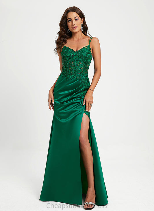 With Lace V-neck Prom Dresses Jazmin Floor-Length Satin Sheath/Column Sequins