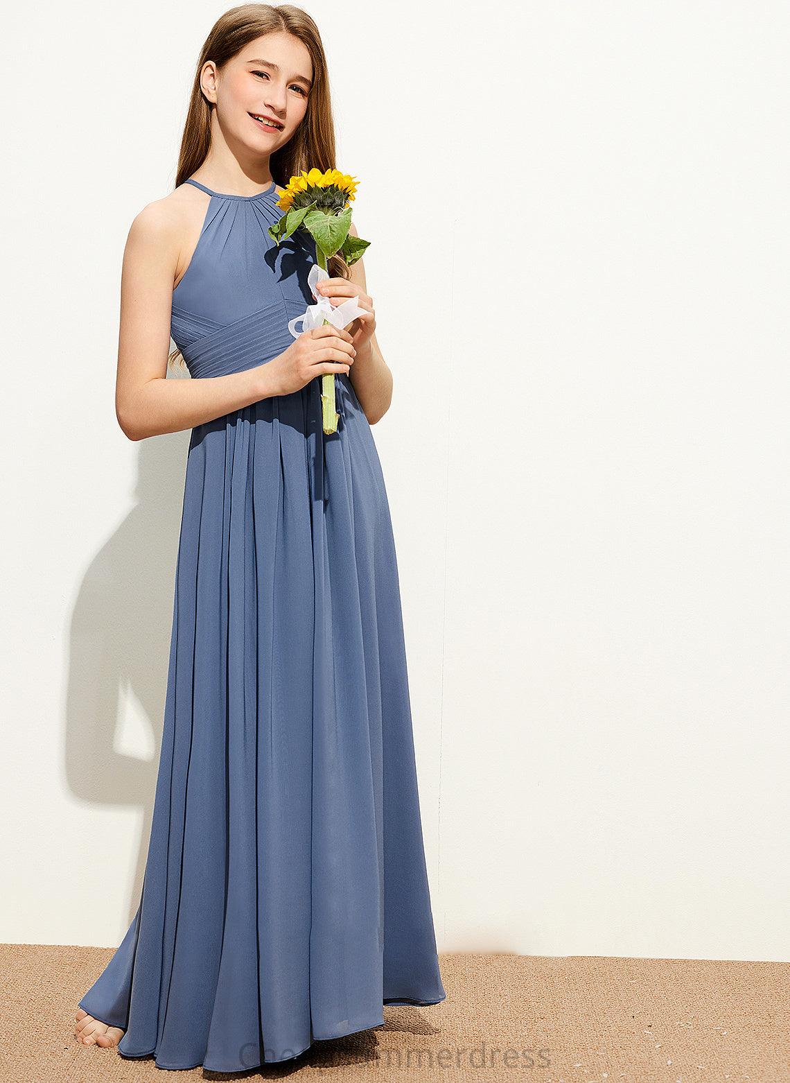 Ruffle With A-Line Neck Scoop Floor-Length Junior Bridesmaid Dresses Heather Chiffon