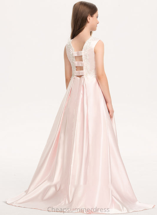 Lace Sweep Bow(s) With Lydia Junior Bridesmaid Dresses Neck Scoop A-Line Pockets Satin Train