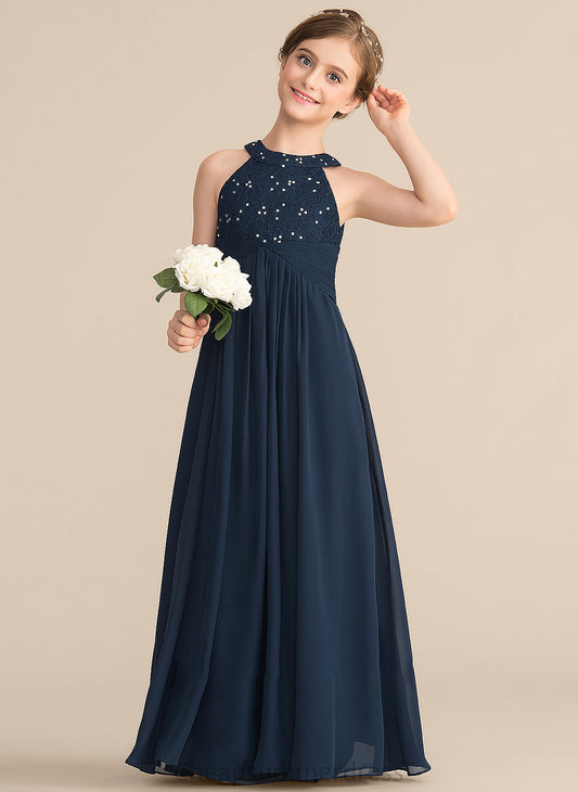 Floor-Length Junior Bridesmaid Dresses Chiffon Neck With Marilyn A-Line Scoop Ruffle Beading Lace