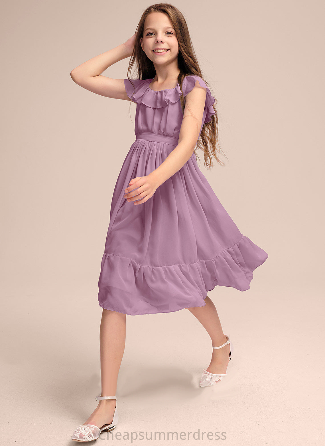 Knee-Length Ruffles Bow(s) A-Line Lorna With Neck Chiffon Junior Bridesmaid Dresses Scoop Cascading