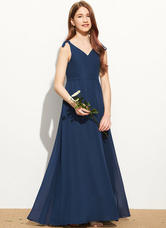 Junior Bridesmaid Dresses Bow(s) V-neck Floor-Length Annalise Chiffon With A-Line