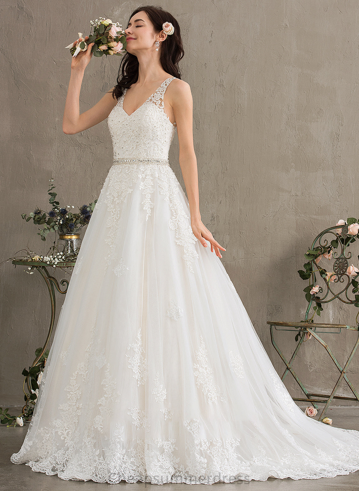 Beading With Wedding Train Dress Court V-neck Rowan Ball-Gown/Princess Tulle Sequins Wedding Dresses