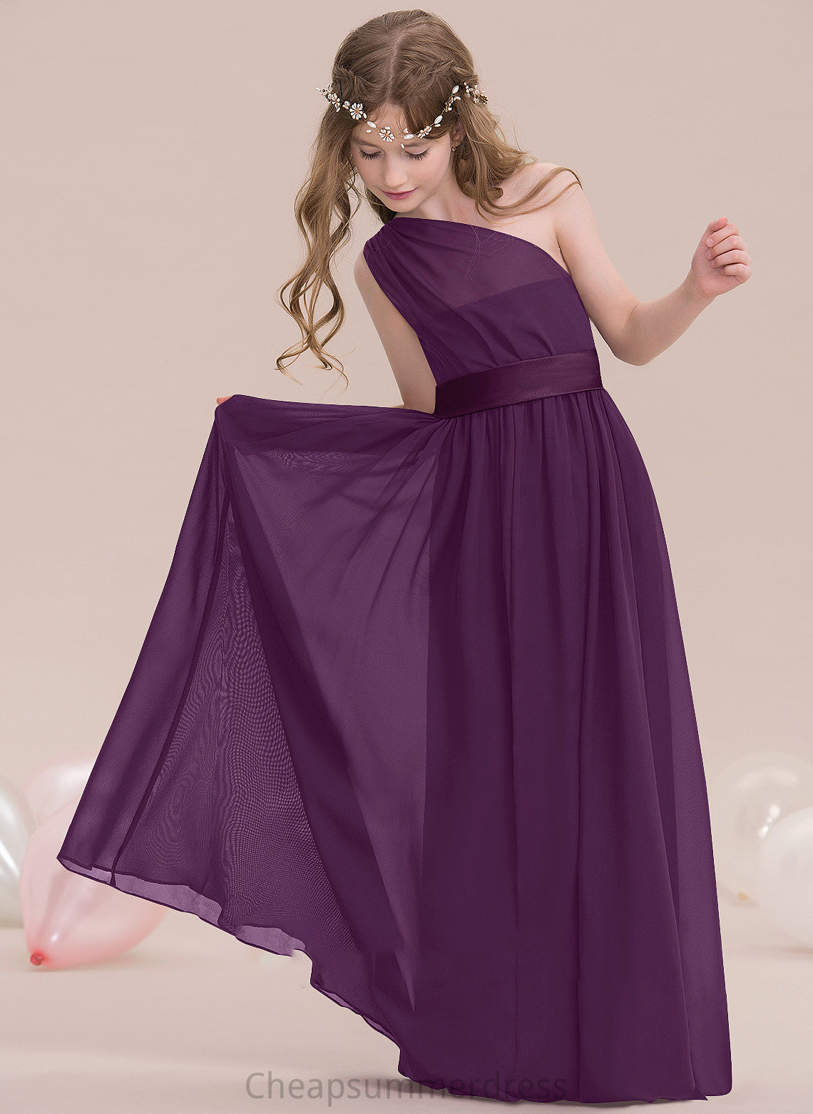 Adelyn Floor-Length One-Shoulder A-Line Ruffle Junior Bridesmaid Dresses With Chiffon