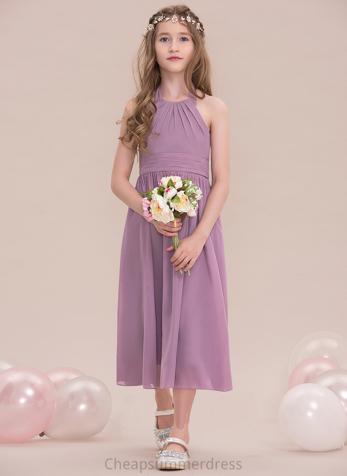 Halter Tea-Length A-Line Ayanna With Ruffle Junior Bridesmaid Dresses Chiffon