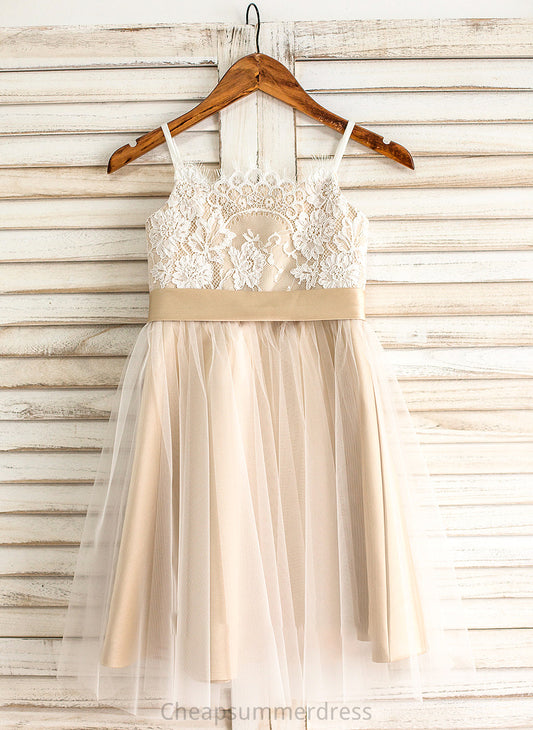 Bow(s) Knee-Length Junior Bridesmaid Dresses Neckline Sash Tulle Kiara Square With A-Line