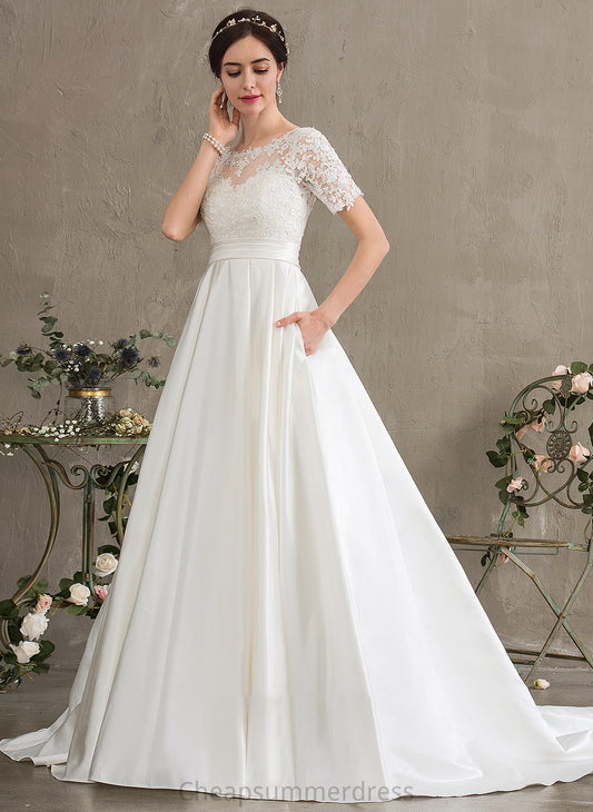 Court Sequins Train Dress Kimberly Wedding With Scoop Satin Wedding Dresses Pockets Ball-Gown/Princess Neck Beading