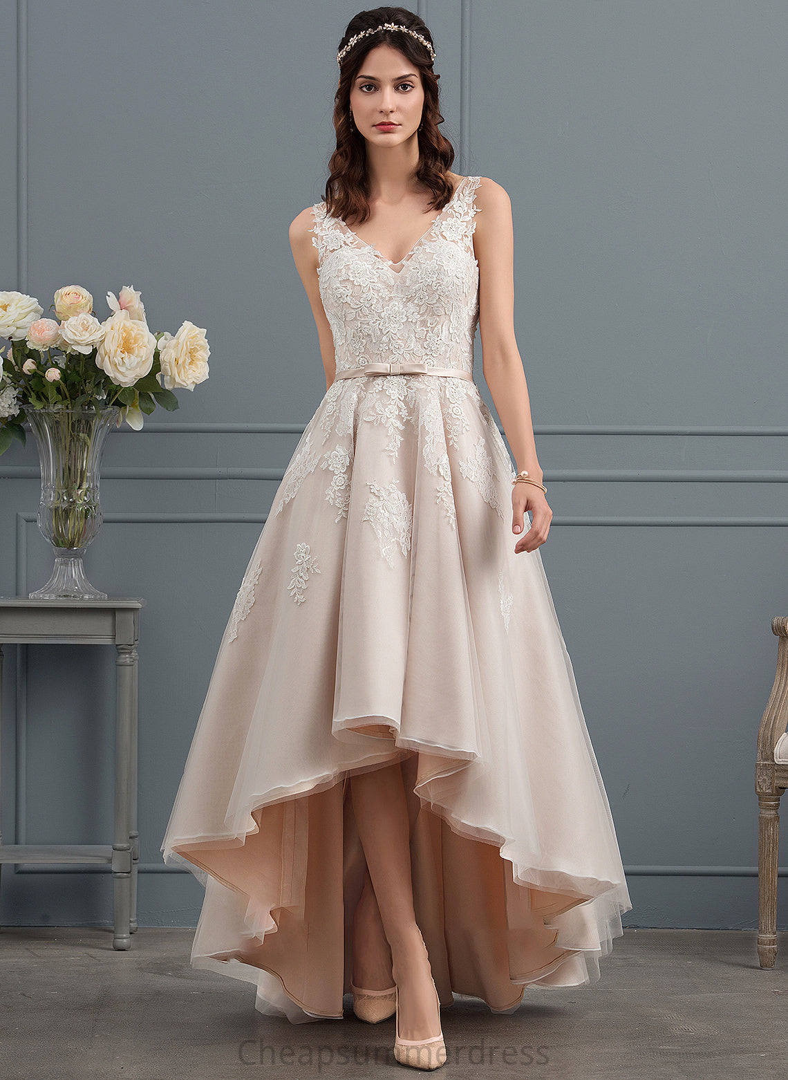 Lace Dress Iliana Tulle A-Line V-neck Bow(s) Wedding Dresses With Asymmetrical Wedding