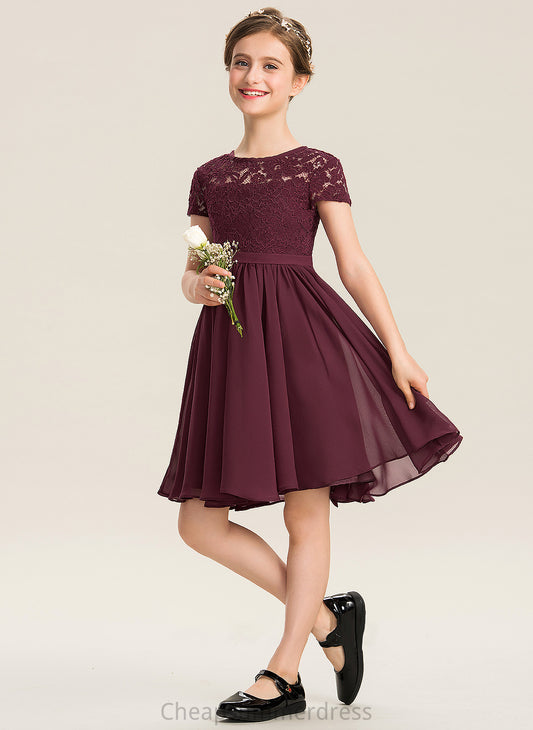 A-Line Junior Bridesmaid Dresses Chiffon Knee-Length Lace Scoop With Neck Bow(s) Aliana