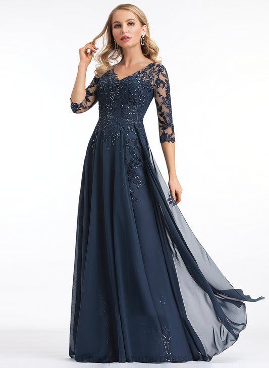 A-Line With Hailey Floor-Length Chiffon V-neck Prom Dresses Sequins