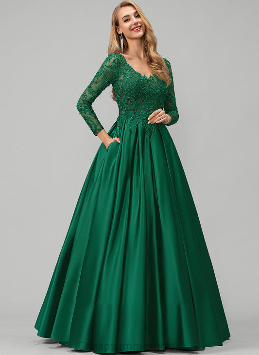 Sequins V-neck Beading Satin Pockets Floor-Length Ball-Gown/Princess Prom Dresses With Eliza Lace