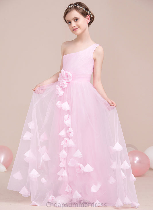 One-Shoulder Ruffle Flower(s) With Caroline Tulle Junior Bridesmaid Dresses A-Line Floor-Length