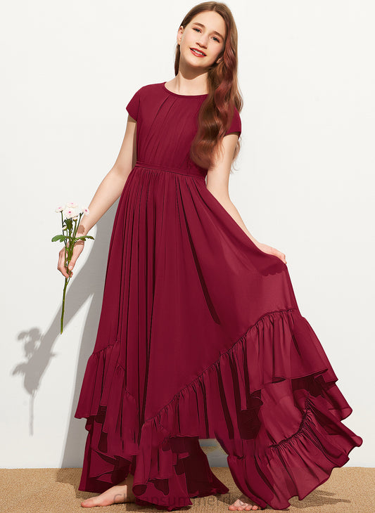 Neck A-Line Savanah Ruffles Cascading Lace With Junior Bridesmaid Dresses Floor-Length Scoop Chiffon Bow(s) Appliques