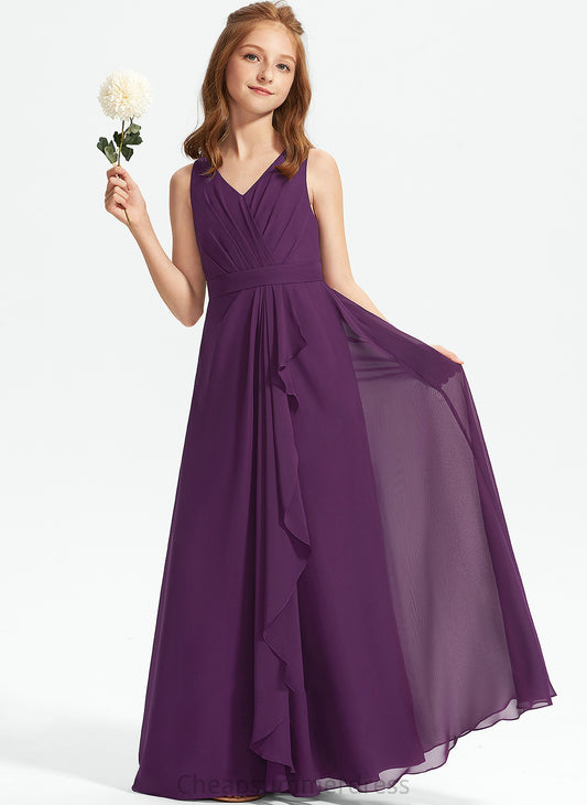 With Jazlene A-Line Floor-Length Junior Bridesmaid Dresses V-neck Ruffles Chiffon