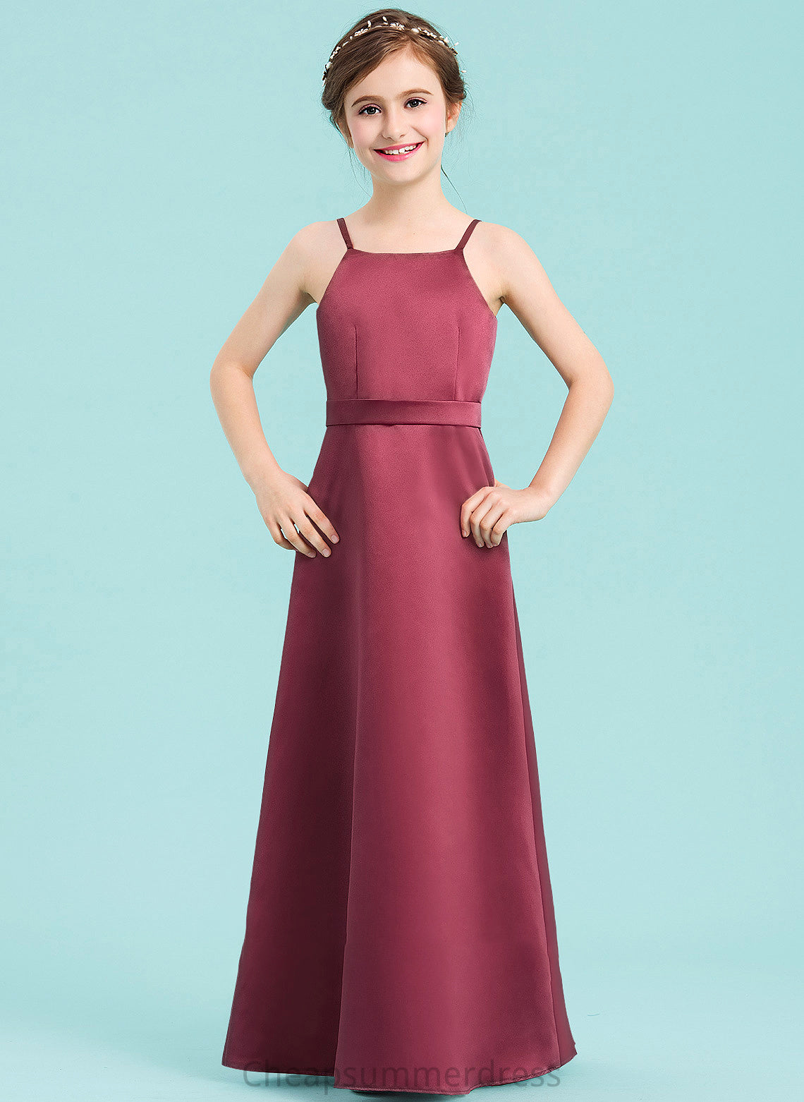 Junior Bridesmaid Dresses Satin Square Grace Floor-Length Bow(s) Neckline A-Line With