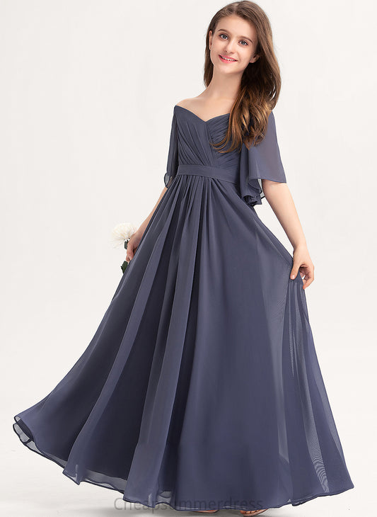 Floor-Length Bow(s) Vanessa Chiffon Ruffle Junior Bridesmaid Dresses A-Line With Off-the-Shoulder