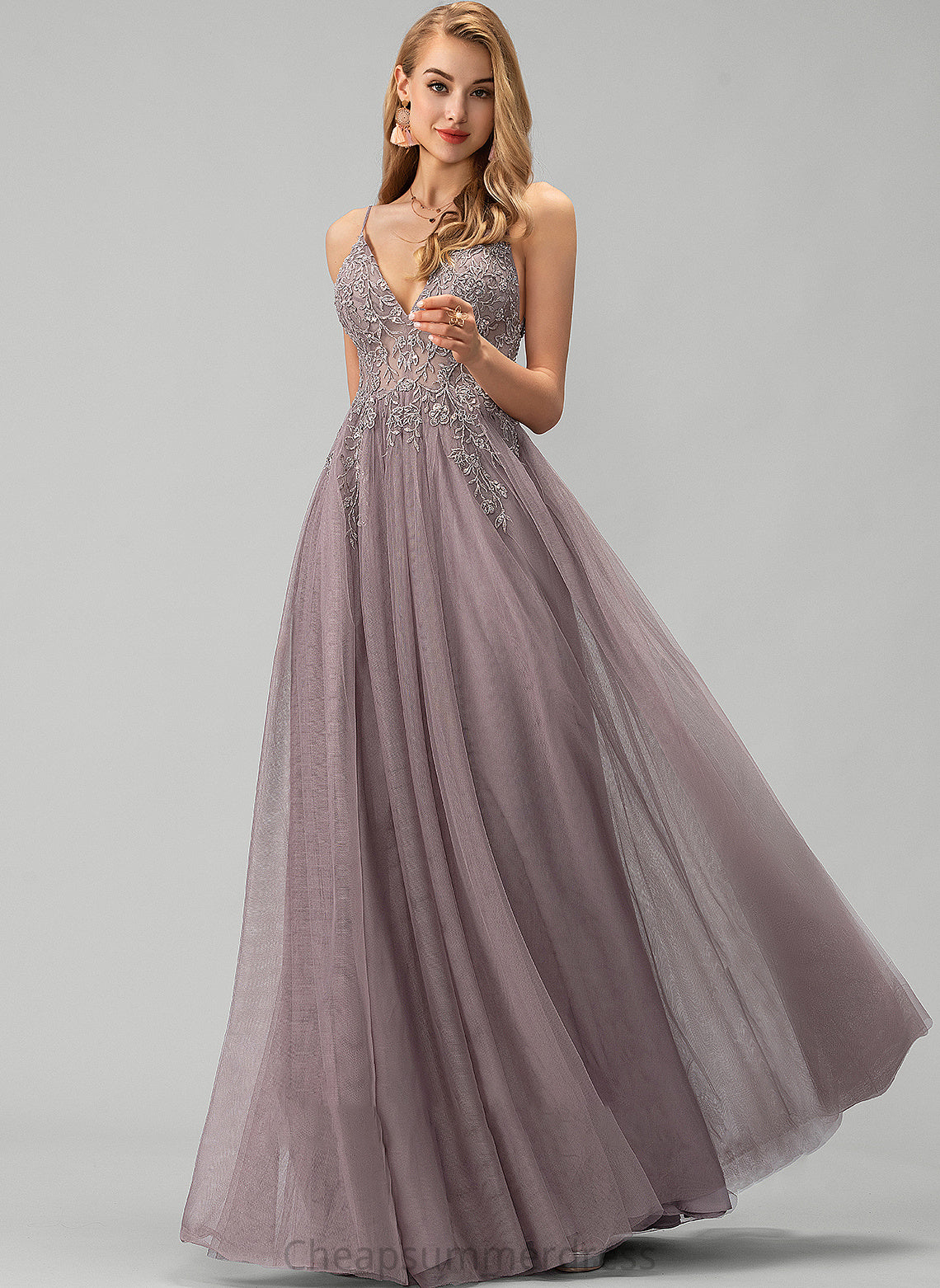 Floor-Length Prom Dresses With Tulle Lace Crystal Sequins Beading Ball-Gown/Princess V-neck Front Split