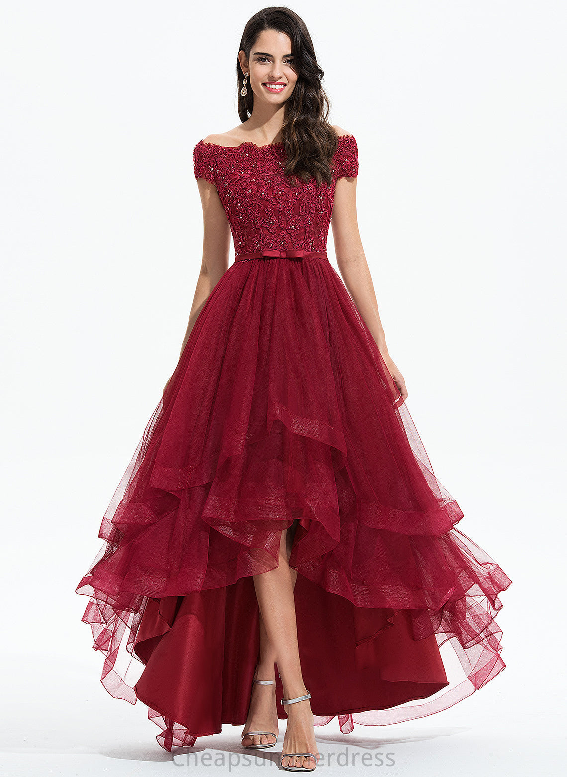 Prom Dresses Beading Brylee Bow(s) Asymmetrical Tulle Sequins With Ball-Gown/Princess Off-the-Shoulder