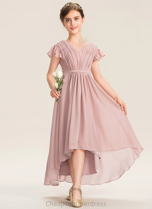 Ruffles Bow(s) Asymmetrical V-neck A-Line Jacqueline With Cascading Junior Bridesmaid Dresses Chiffon