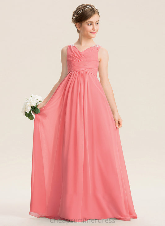 Maddison Junior Bridesmaid Dresses EmpireV-neckFloor-LengthChiffonJuniorBridesmaidDressWithRuffleBeadingSequins#173291