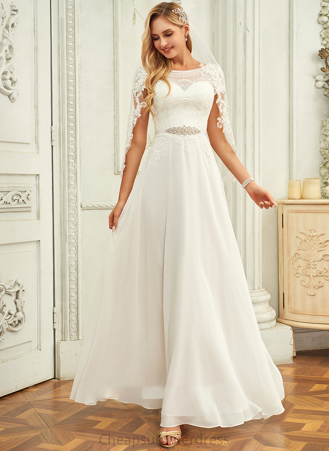 Lace Scoop Wedding Dresses Jessie A-Line Chiffon Floor-Length Sequins With Wedding Dress Neck