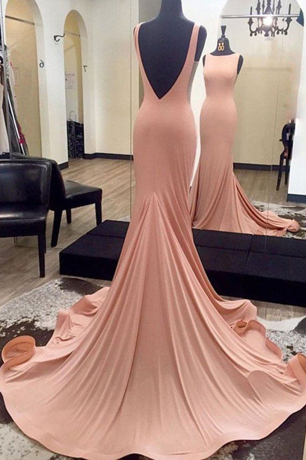 Pink Sheath Court Train Jewel Neck Sleeveless Backless Prom Dresses