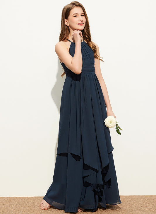 A-Line Scoop Ruffles Cascading Floor-Length With Chiffon Neck Ryan Junior Bridesmaid Dresses