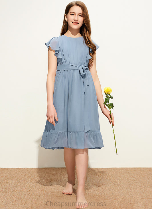 Junior Bridesmaid Dresses Cascading Scoop Chiffon Knee-Length Sadie Neck A-Line With Ruffles Bow(s)